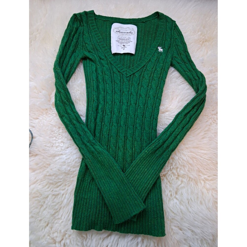 Vintage Abercrombie Fitch Y2K Green Cable Knit V-Neck Fitted Sweater Moose XL